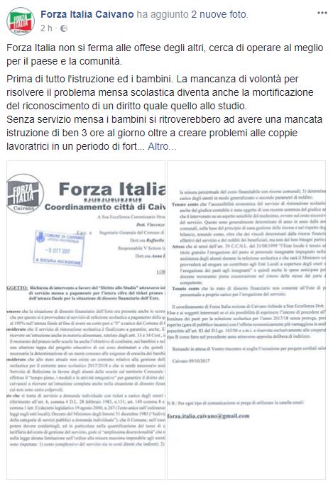 Il post pubblicato sull fanpage di Forza Italia Caivano