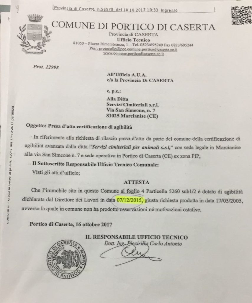 Agibilità del 16 Ottobre 2017 rilasciata da Carlo Antonio Piccirillo