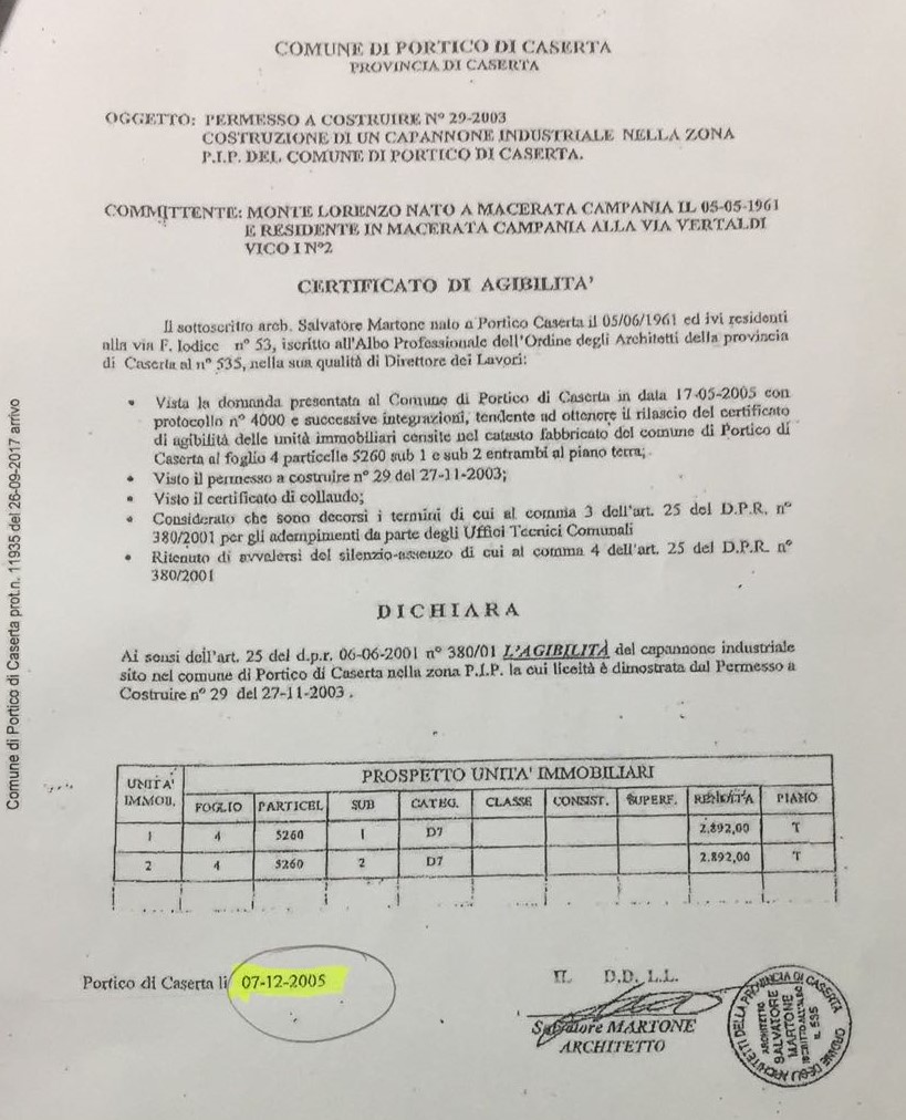 Certififcato di agibilità del Capannone rilasciata nel 2005