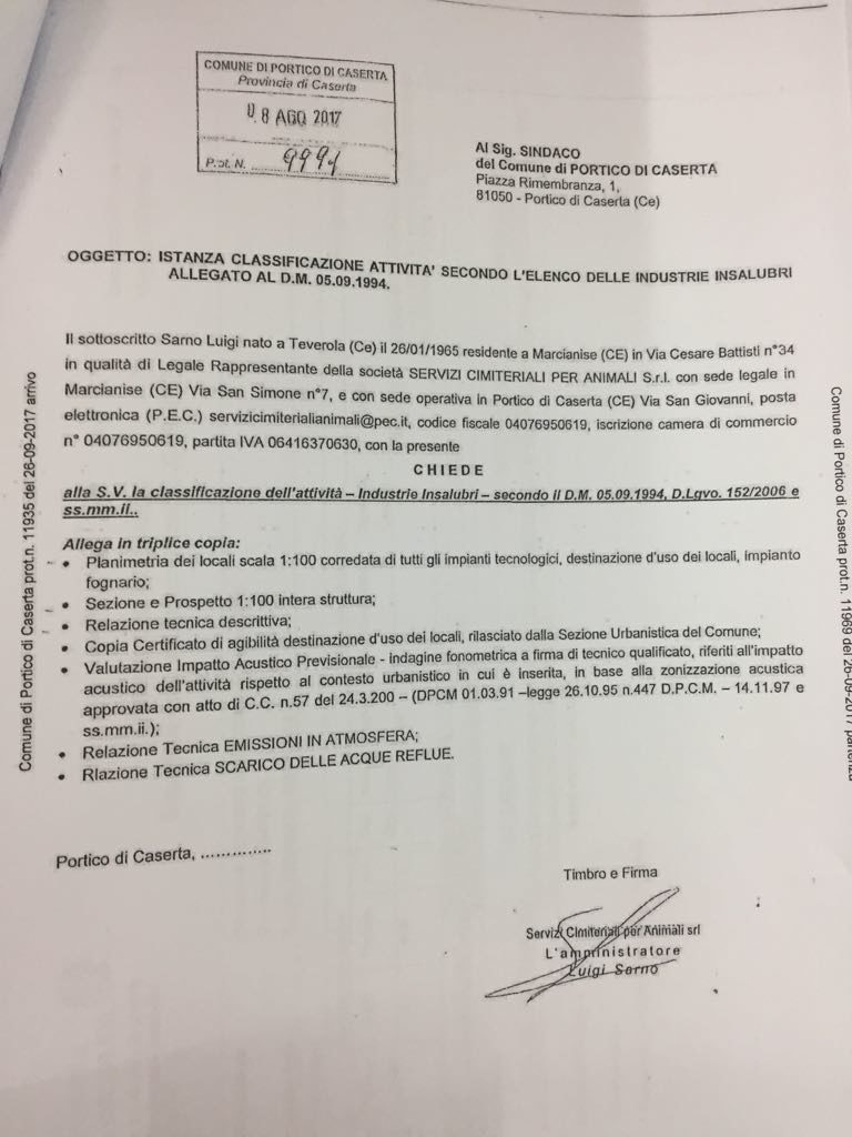 Richiesta indirizzata al sindaco Oliviero l'8 Agosto 2017